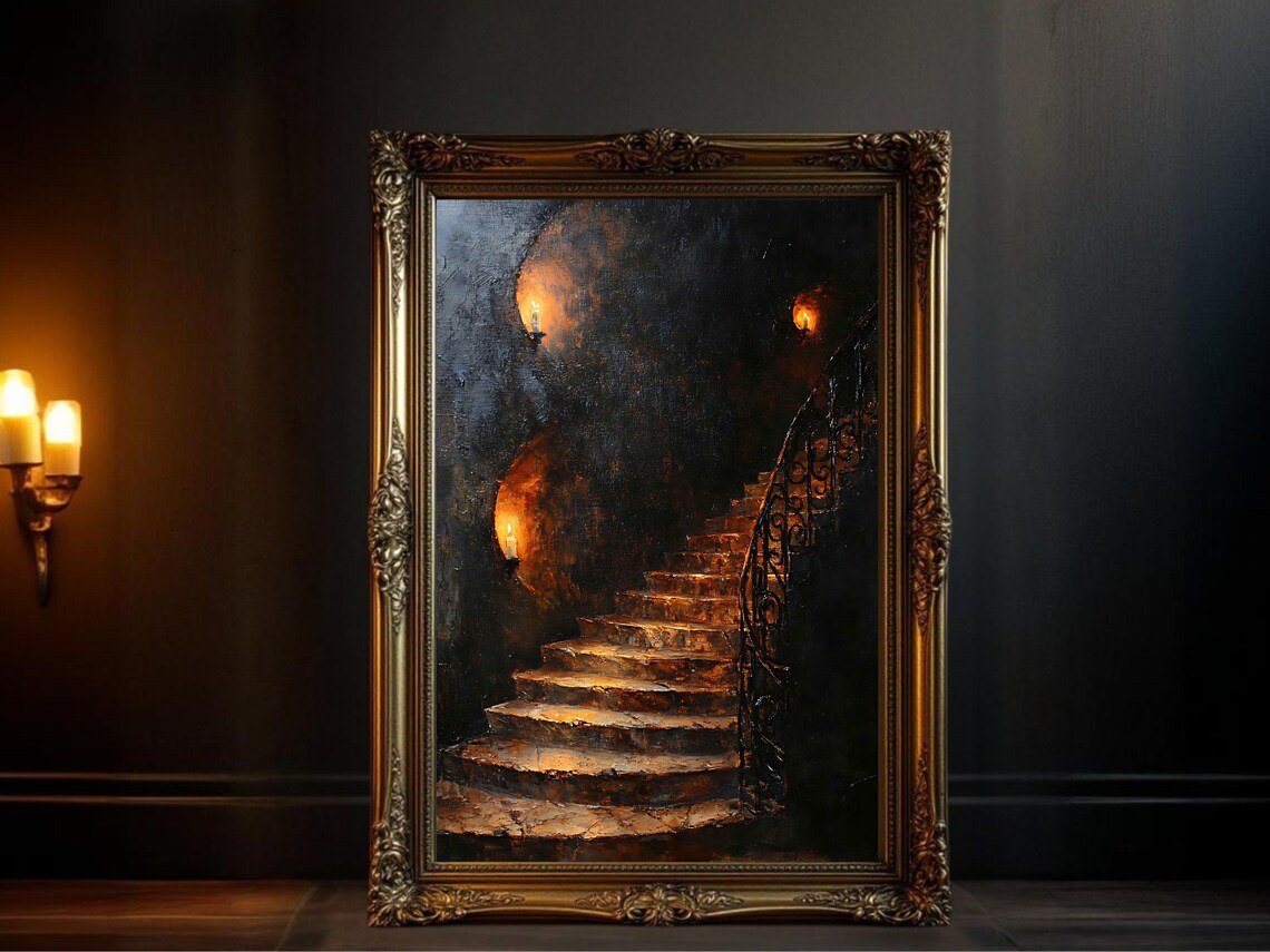 Mysterious Pathway Oil Painting, Rustic Stairs Art Print
