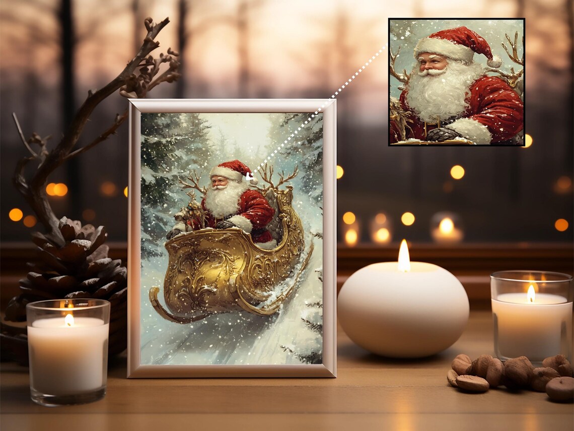 Vintage Santa Sleigh Ride, Rustic Christmas Scene - Image 2