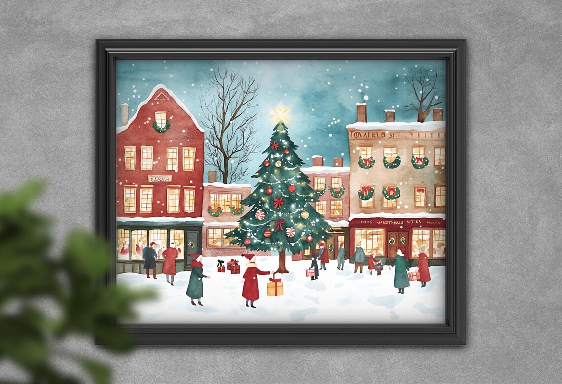 Vintage Christmas Town Square, Holiday Market Scene