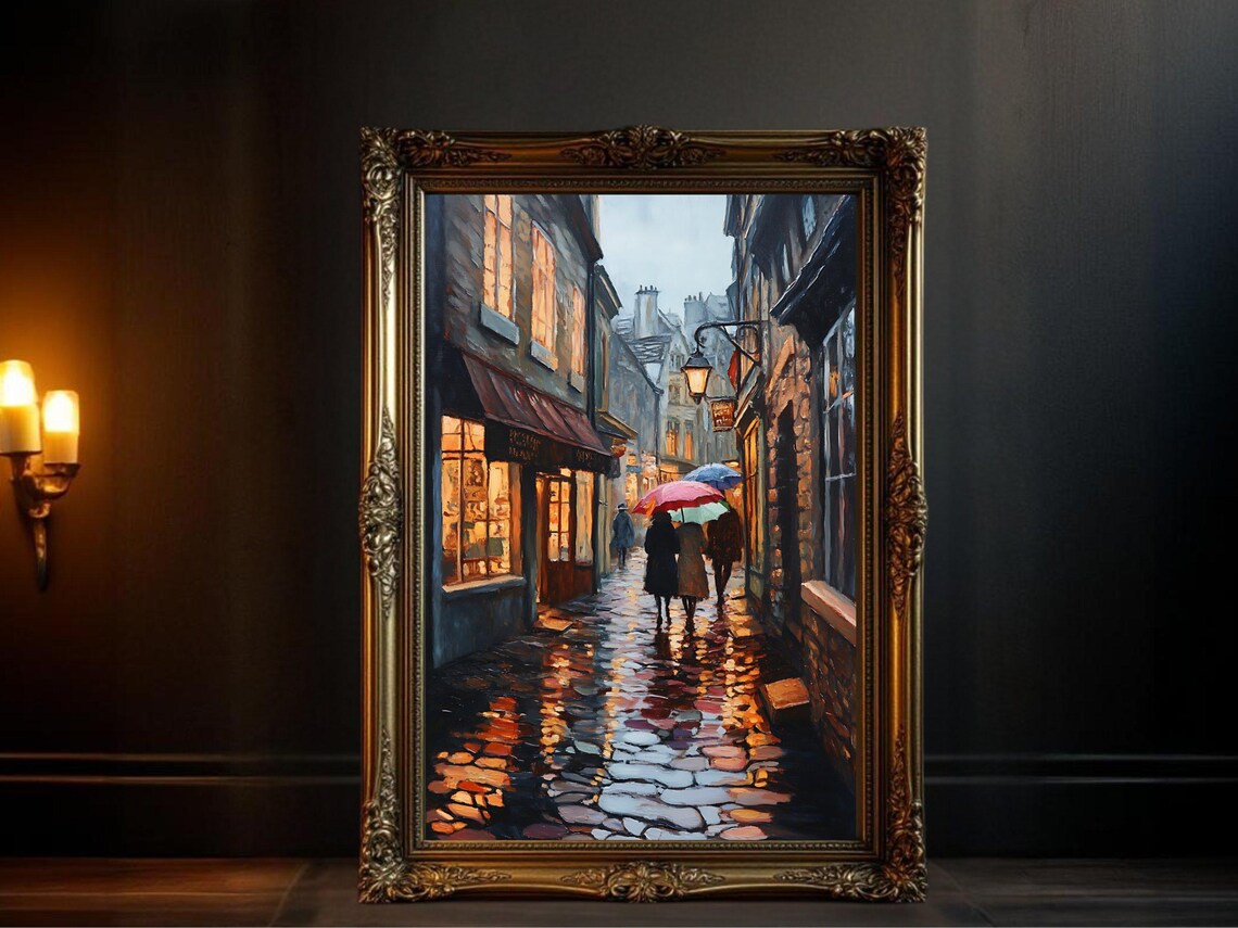 Rainy Street At Night In Cozy Town, Cityscape Painting