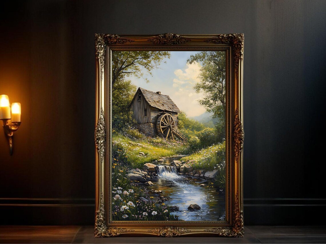 Rustic Water Mill Vintage Nature Landscape Art Print