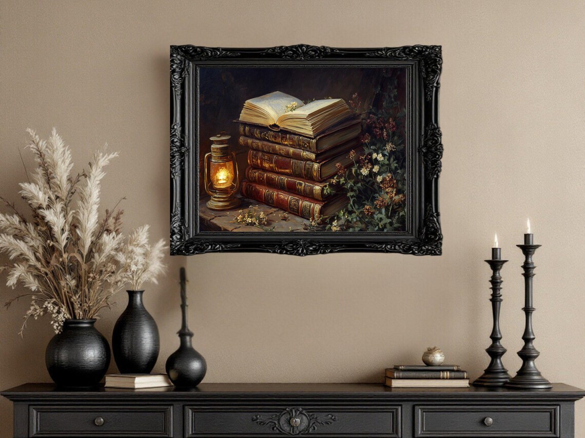 Vintage Books Lantern Floral Poster Print, Cozy Reading Nook - Image 3