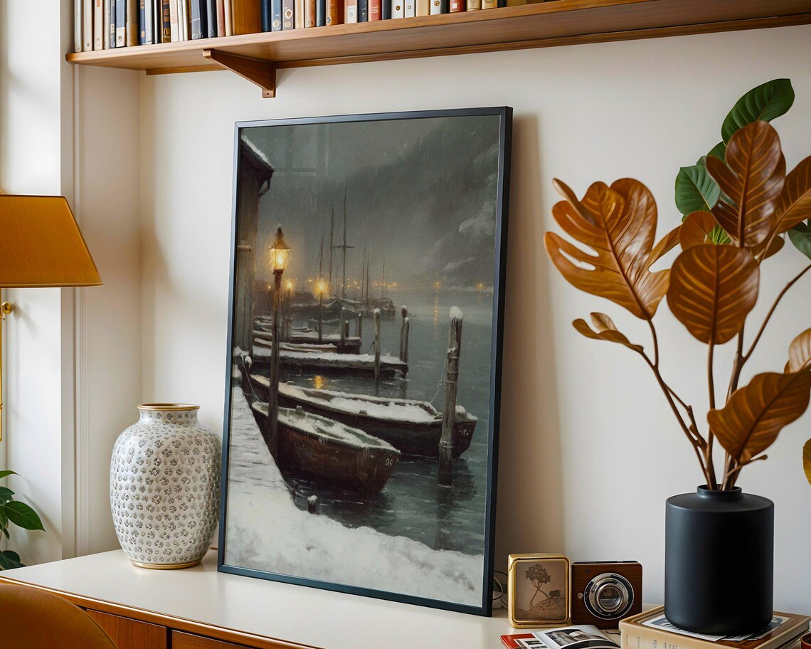 Winter Harbor Scene, Snowy Dock Nautical Landscape - Image 2