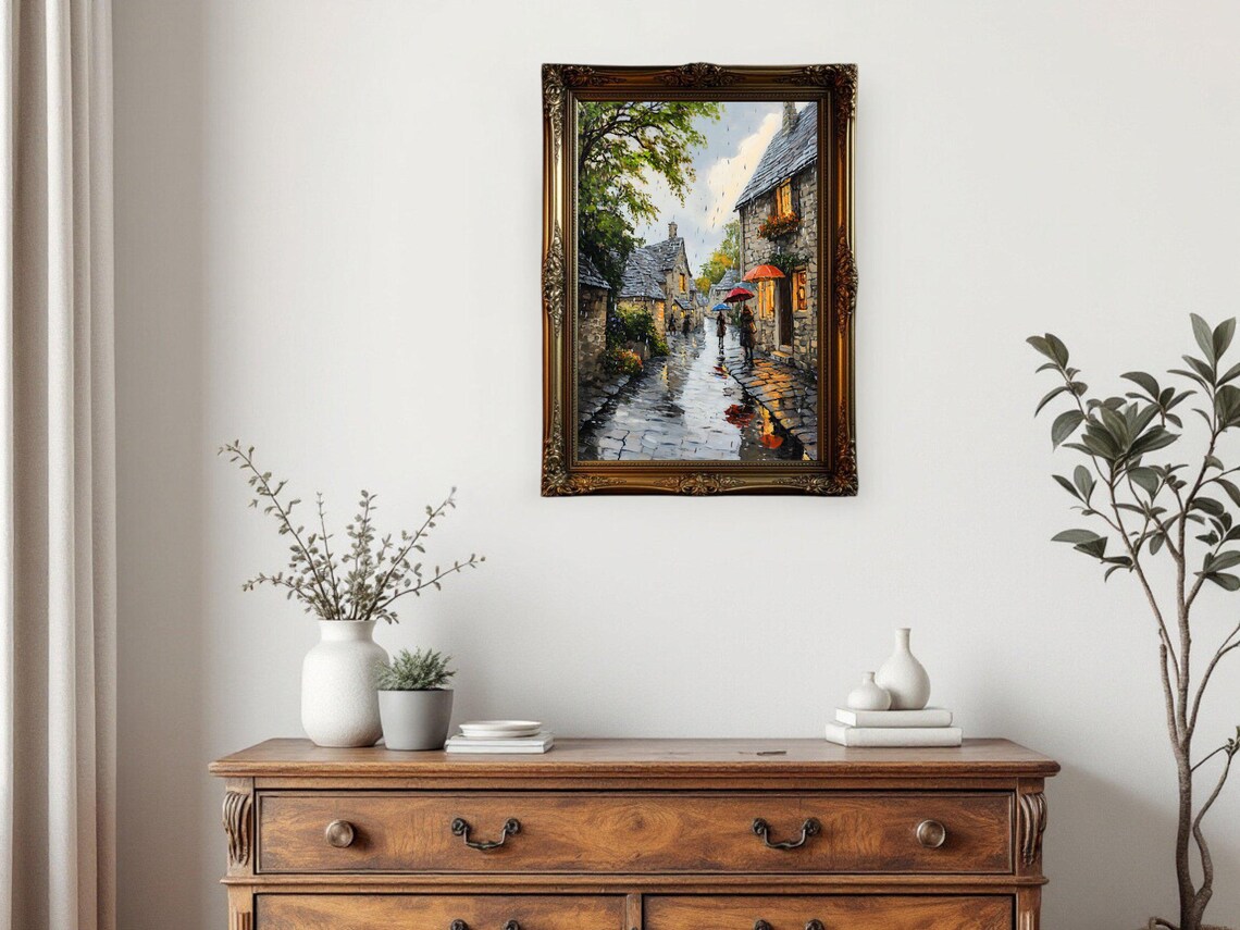 Rainy Village Street Scene, Rustic Home Decor Accent - Image 2