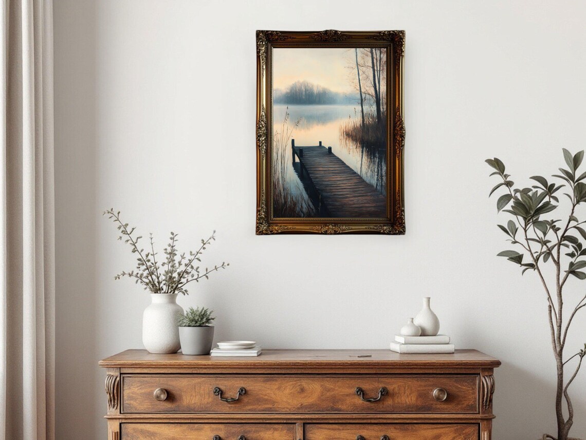 Serene Lakeside Dock, Tranquil Nature Landscape Art Print - Image 2