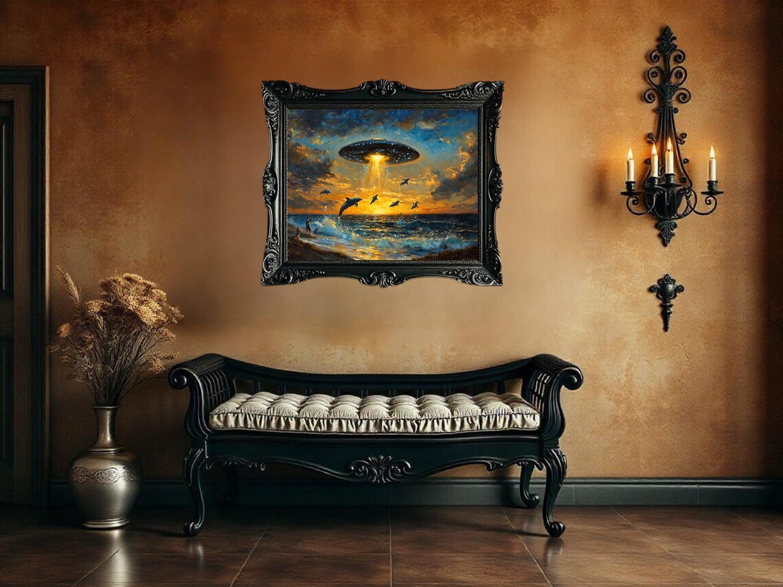 Surreal Ocean Sunset With UFO And Dolphins Art Poster - Image 3