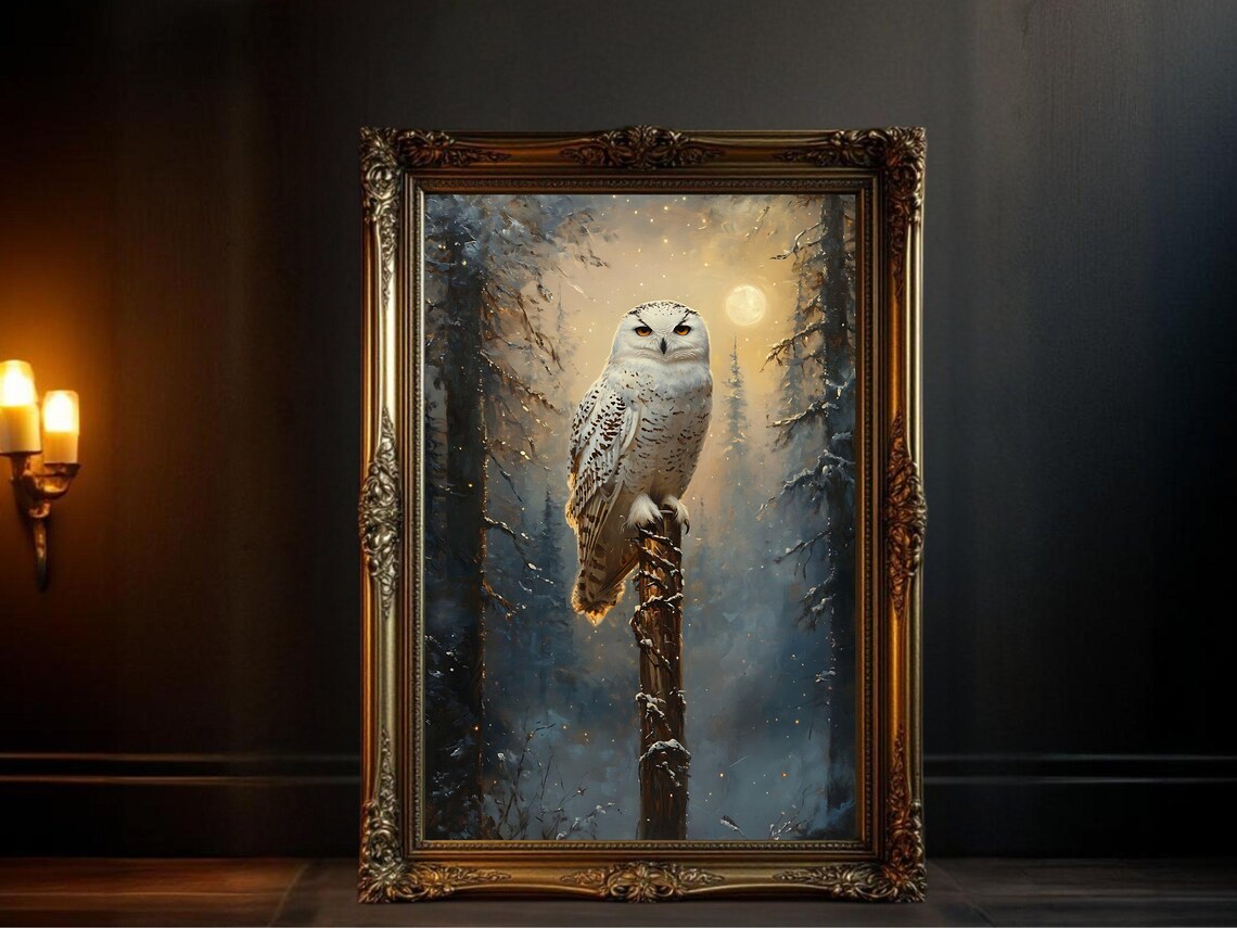 Snowy Owl Poster, Winter Forest Moonlit Night Scene
