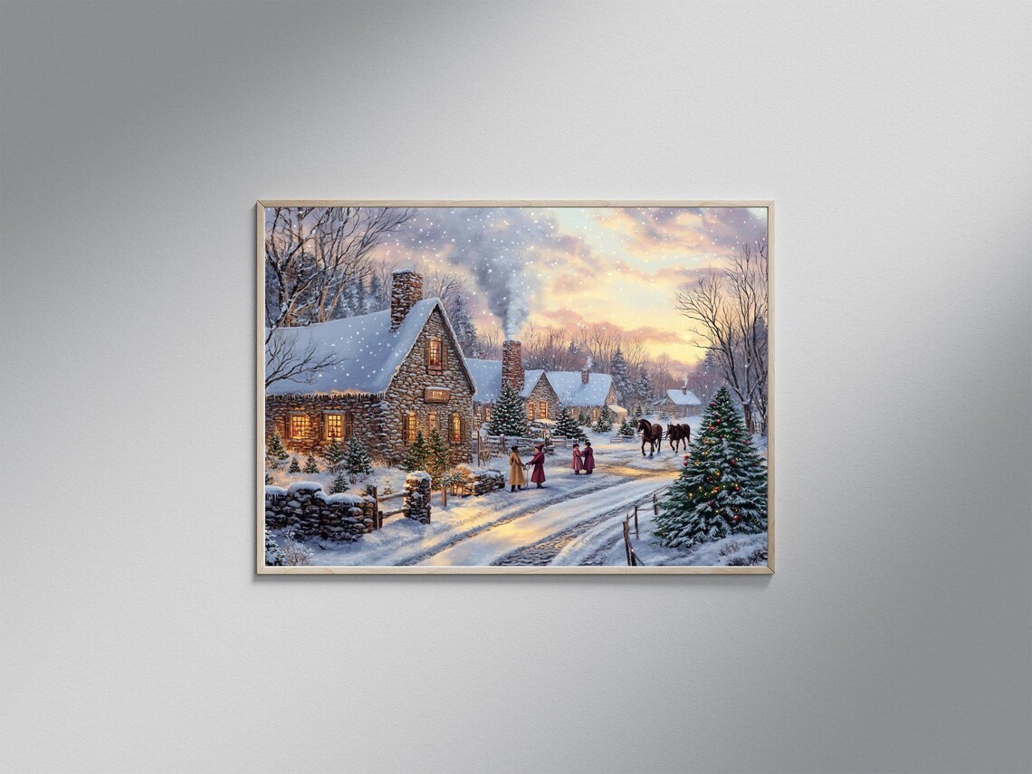 Christmas Winter Village Scene, Festive Holiday Art Print