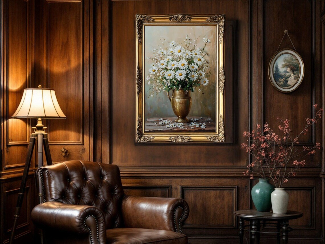 Daisies In A Golden Vase, Vintage Oil Painting - Image 2