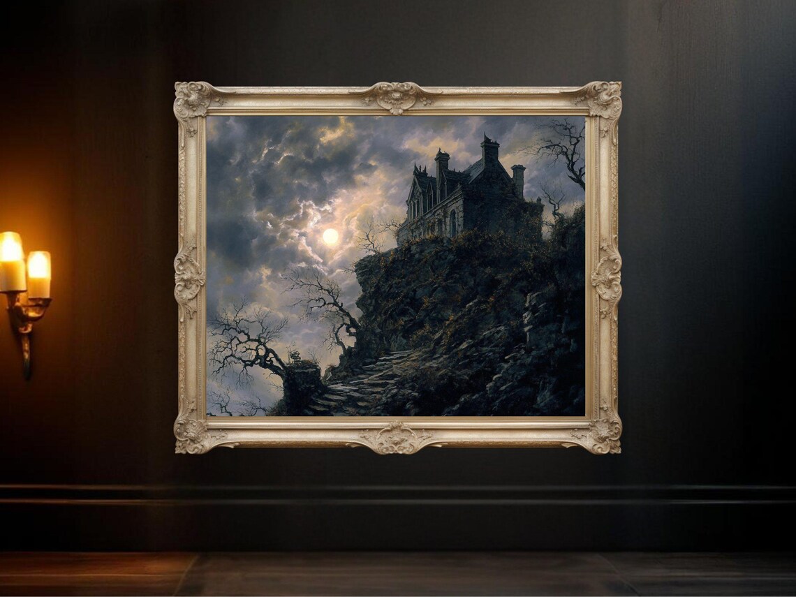 Gothic Haunted House On Cliff, Spooky Landscape Print