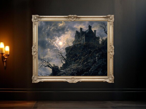 Gothic Haunted House On Cliff, Spooky Landscape Print
