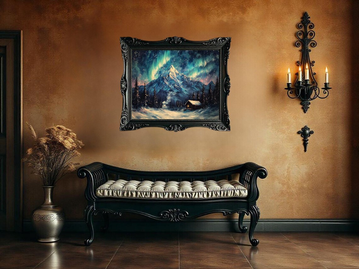 Majestic Mountain Aurora Borealis, Winter Landscape Art Print - Image 3