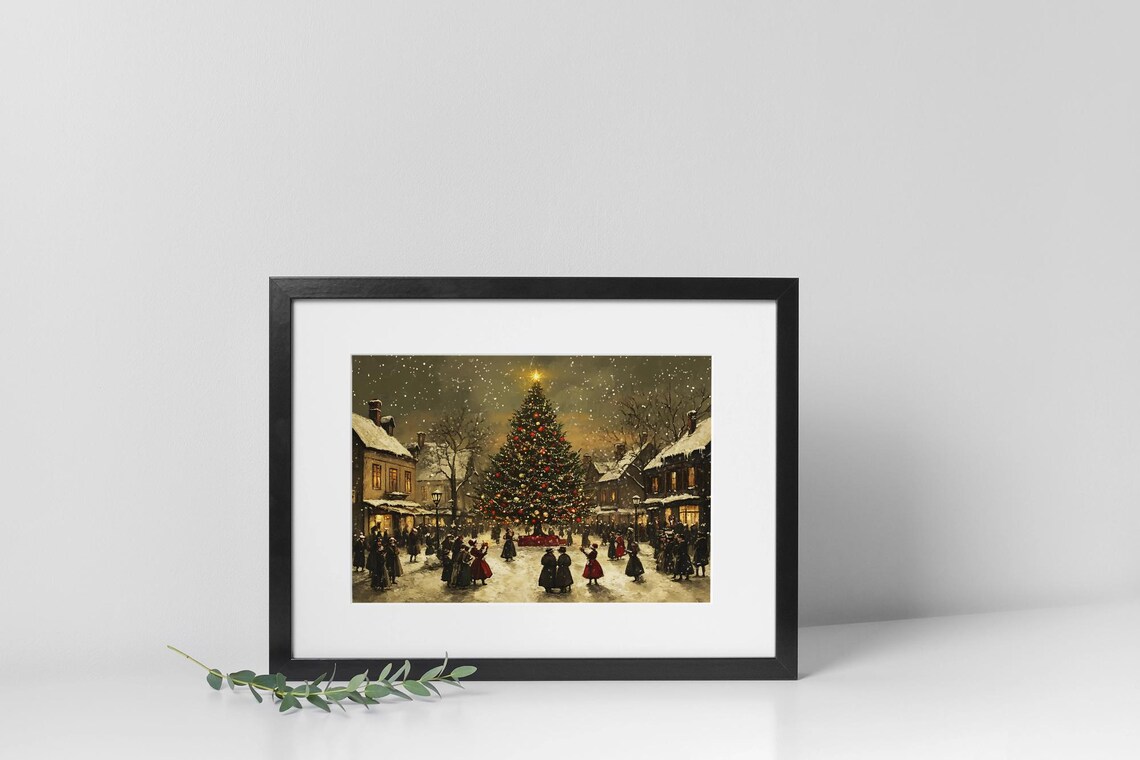 Victorian Christmas Tree, Vintage Holiday Village Scene - Image 2