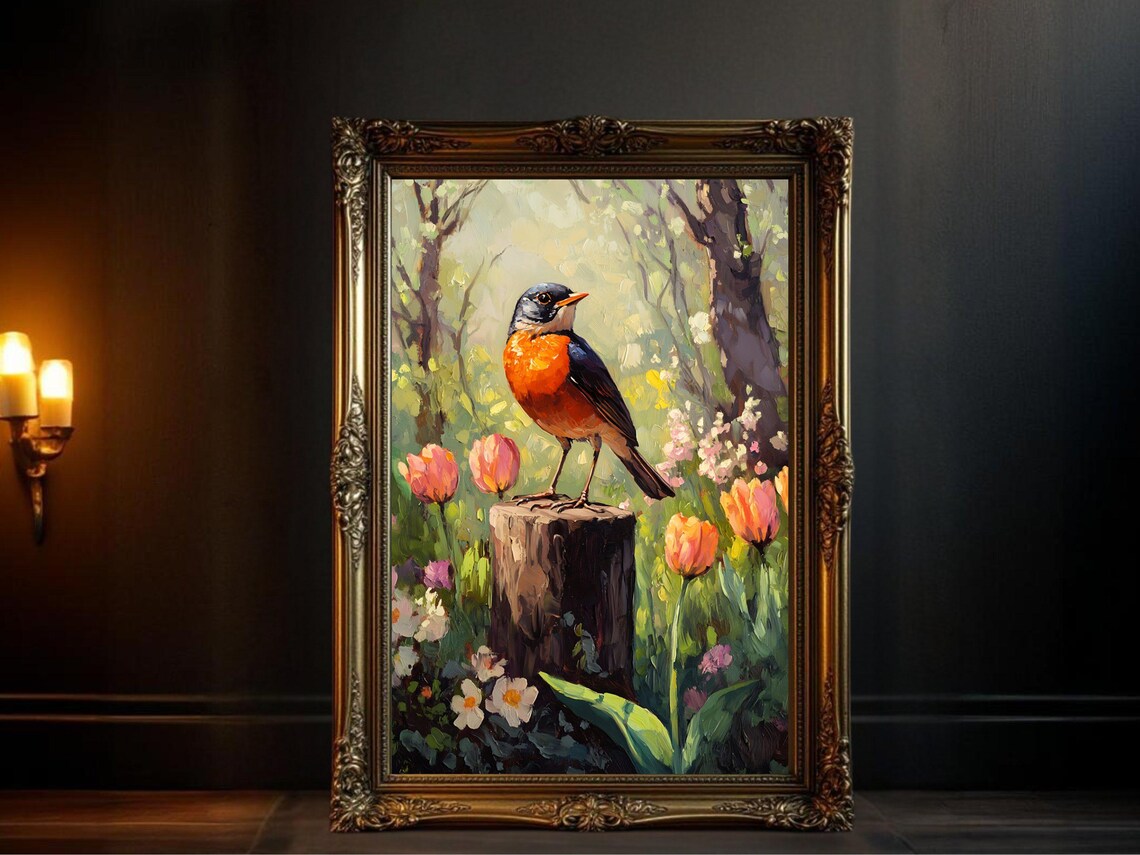 Colorful Robin Bird Art Print, Floral Garden Scene