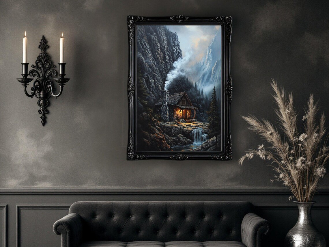 Rustic Mountain Cabin Waterfall Landscape Art Print - Image 2