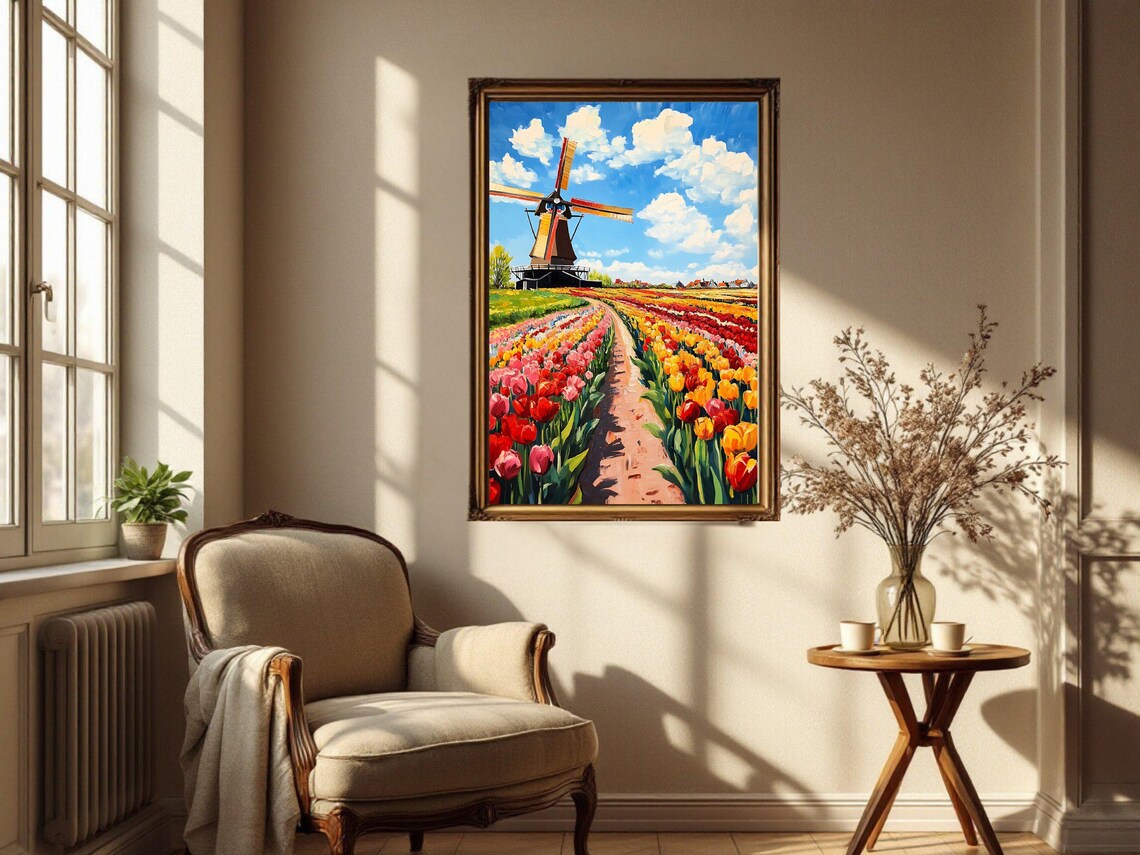 Dutch Windmill Tulip Fields, Floral Landscape Print - Image 3