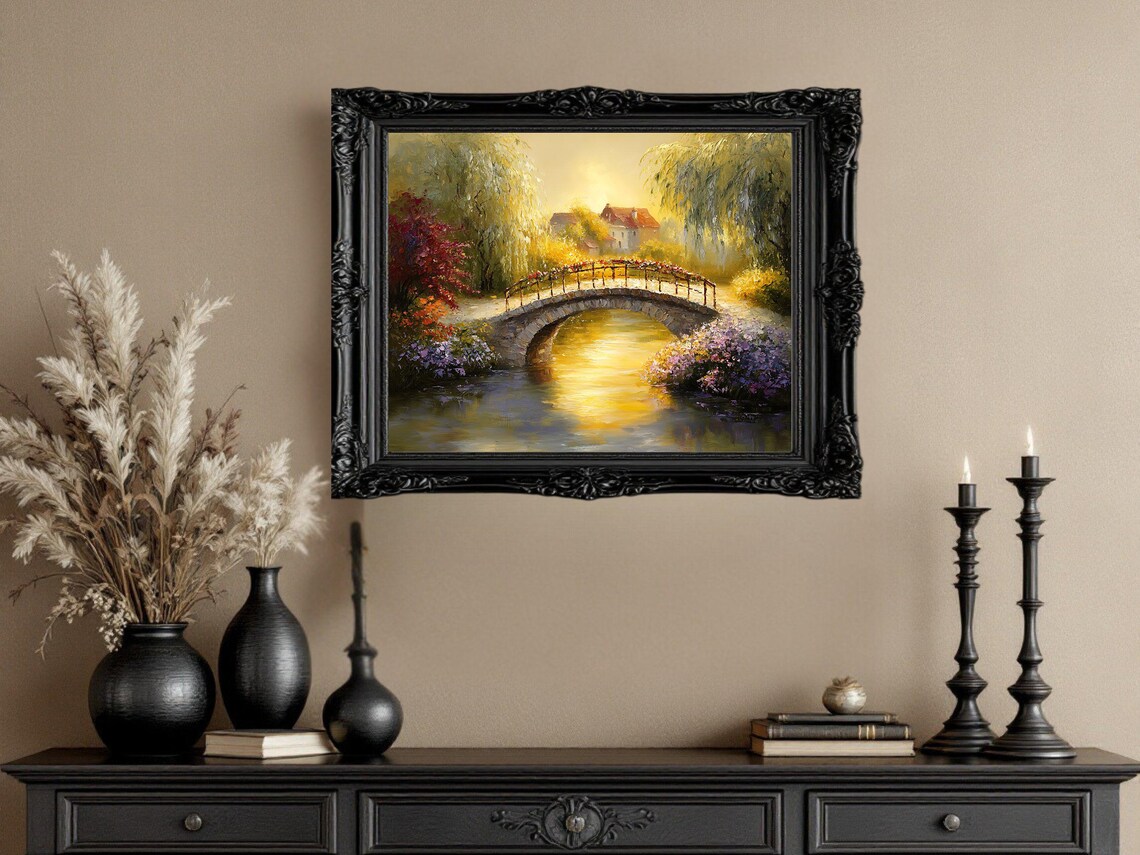 Tranquil Garden Scene With Bridge, Landscape Art Print - Image 2