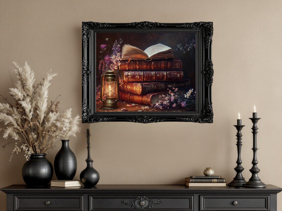 Vintage Books And Lantern, Rustic Reading Room Art