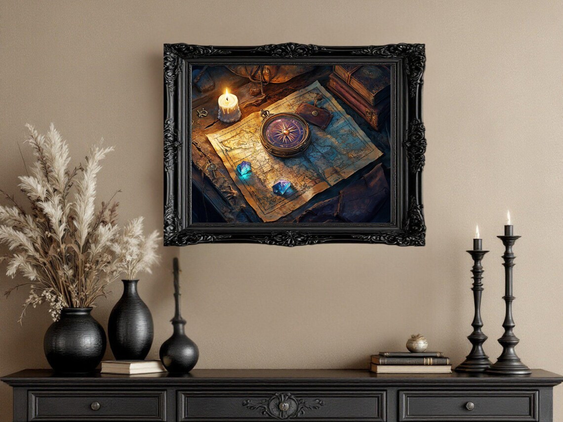 Vintage Map And Compass, Antique Study Decor - Image 3