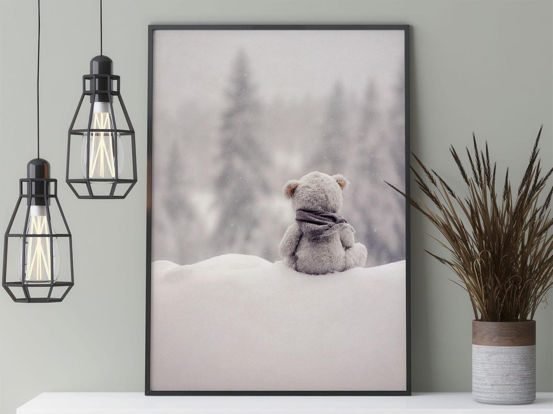Teddy Bear in Snow Winter Wonderland Nursery Photo Art Print