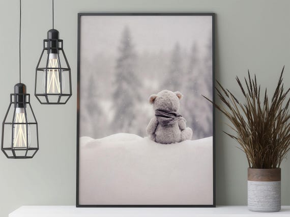 Teddy Bear In Winter Poster Winter Photography Of A Stuffed Animal In The Snow Vintage Winter Decoration