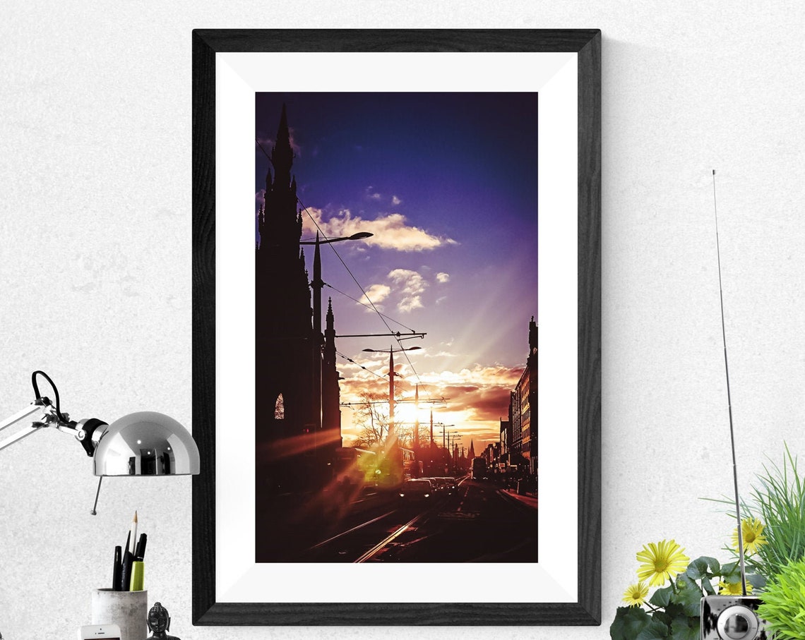 Princes Street Sunset Gothic Spire Silhouette Edinburgh City Poster