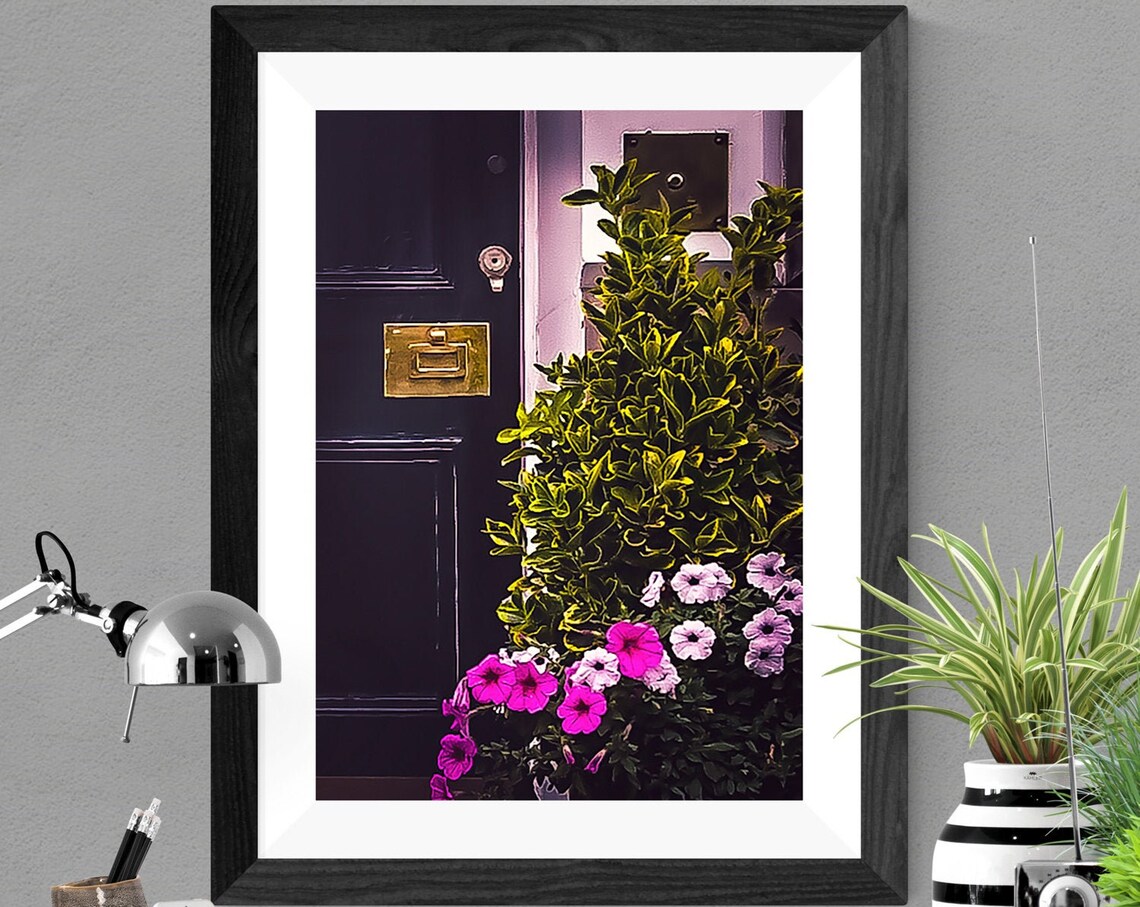 Enter Black Door Brass Letterbox Pink Flowers Entryway Photo Print