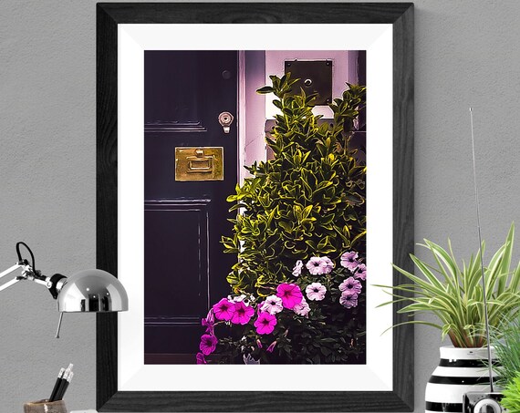 Enter Black Door Brass Letterbox Pink Flowers Entryway Photo Print