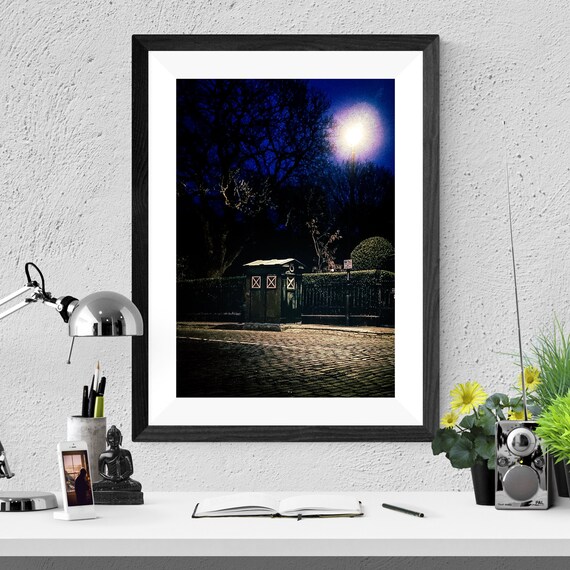 Lamplit Night Street Cobblestone Road Moody Photo Art Poster