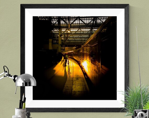 Night Train Station Platform Golden Light Photography Poster