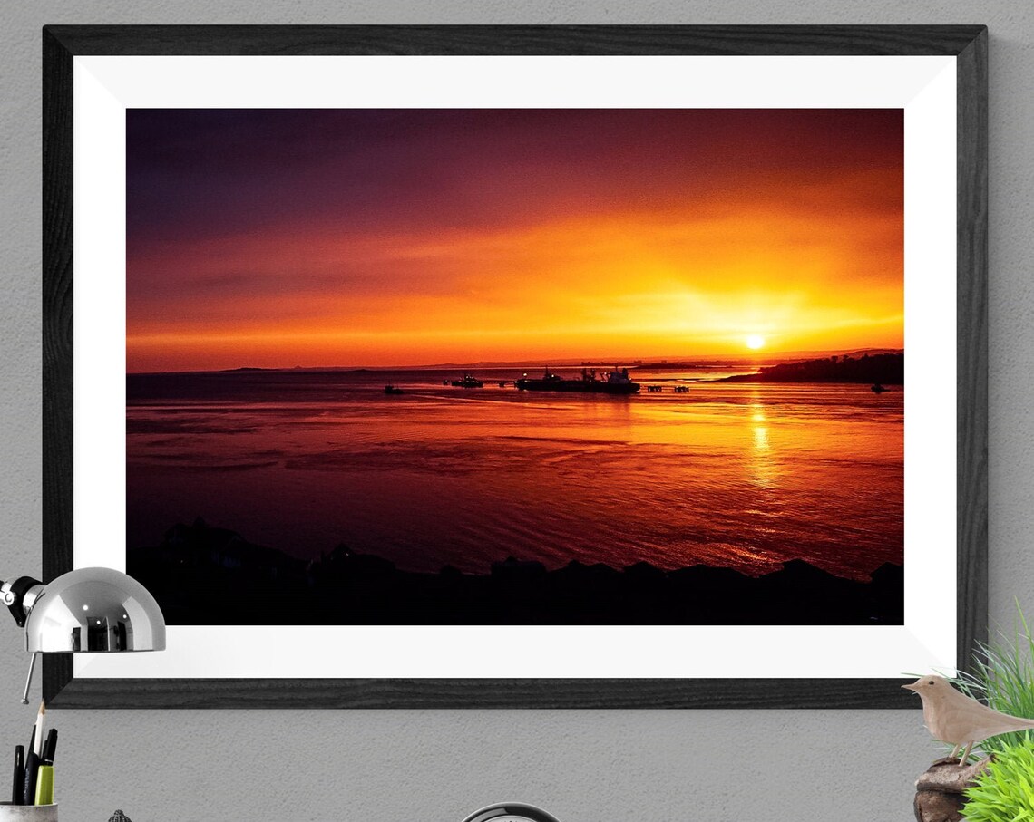 Fiery Ocean Sunset Over Water Ships Silhouette Horizon Photo Poster
