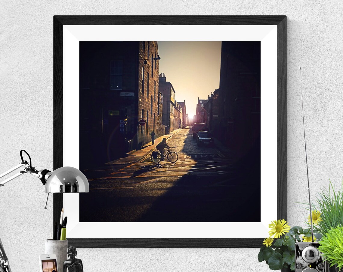 Cyclist On City Street Golden Hour Sunburst Street Photo Art Poster