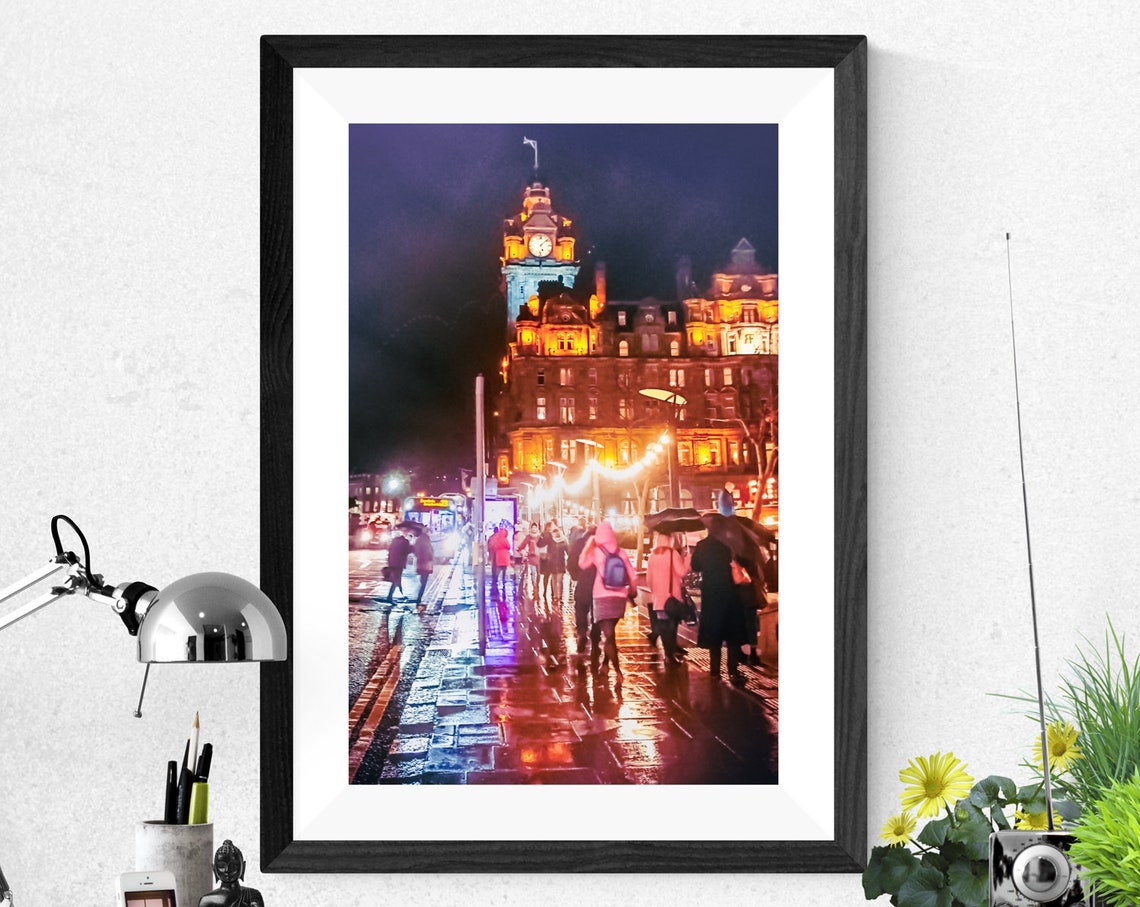 East End Sparkles Edinburgh Night Rain Street Crowd Photo Print