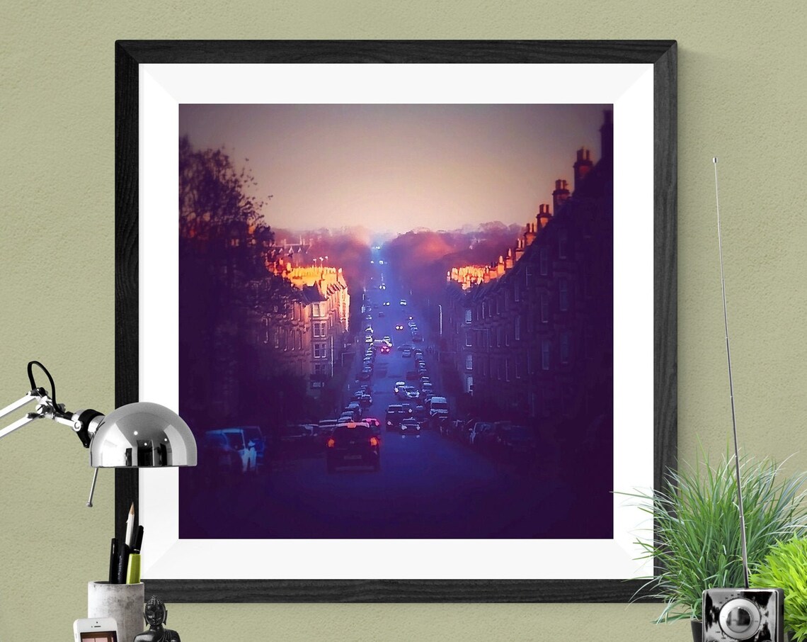 Sunrise City Street Traffic Golden Morning Skyline Photo Poster