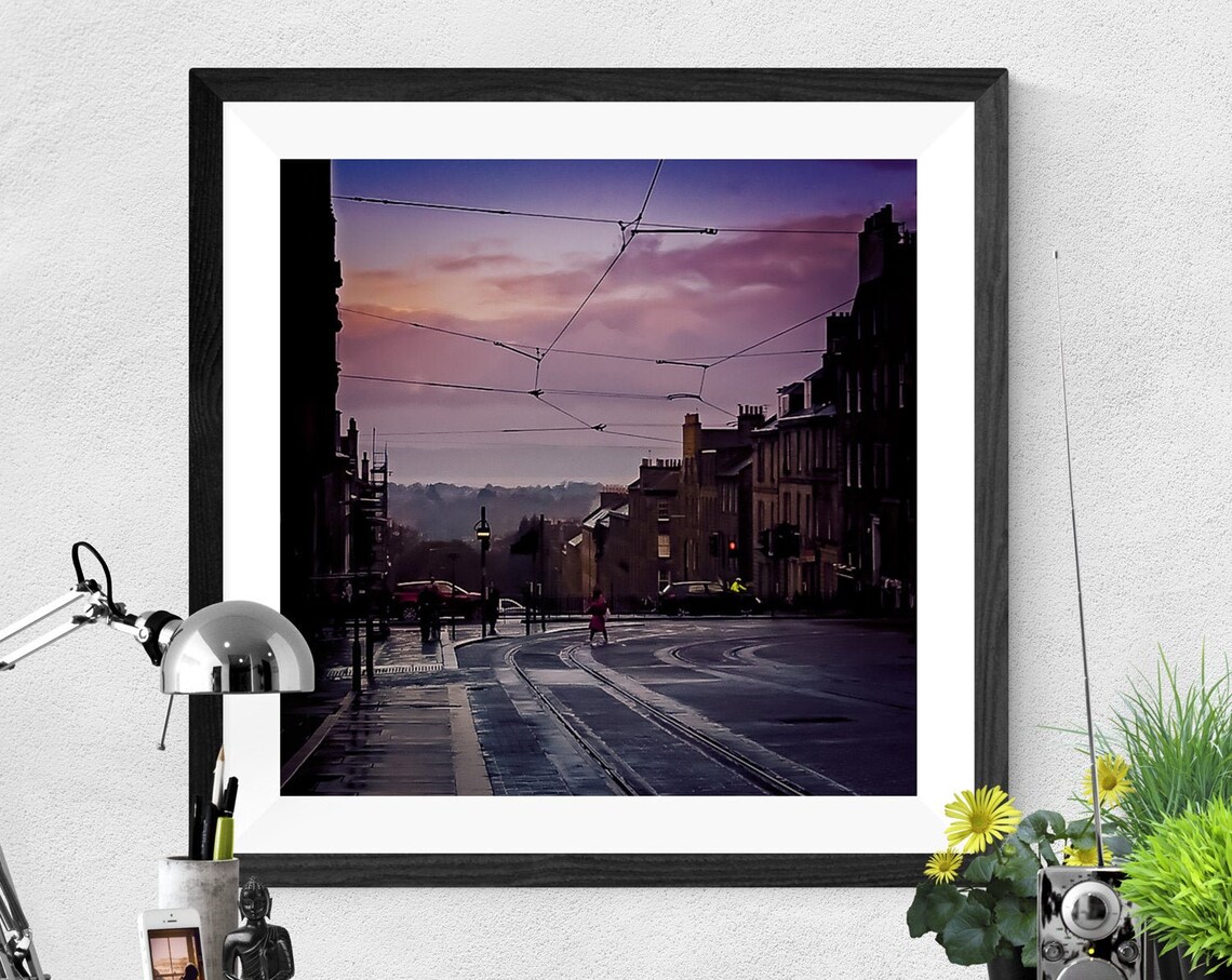 City Street At Dusk With Pink Sky Tram Tracks Urban Photo Poster