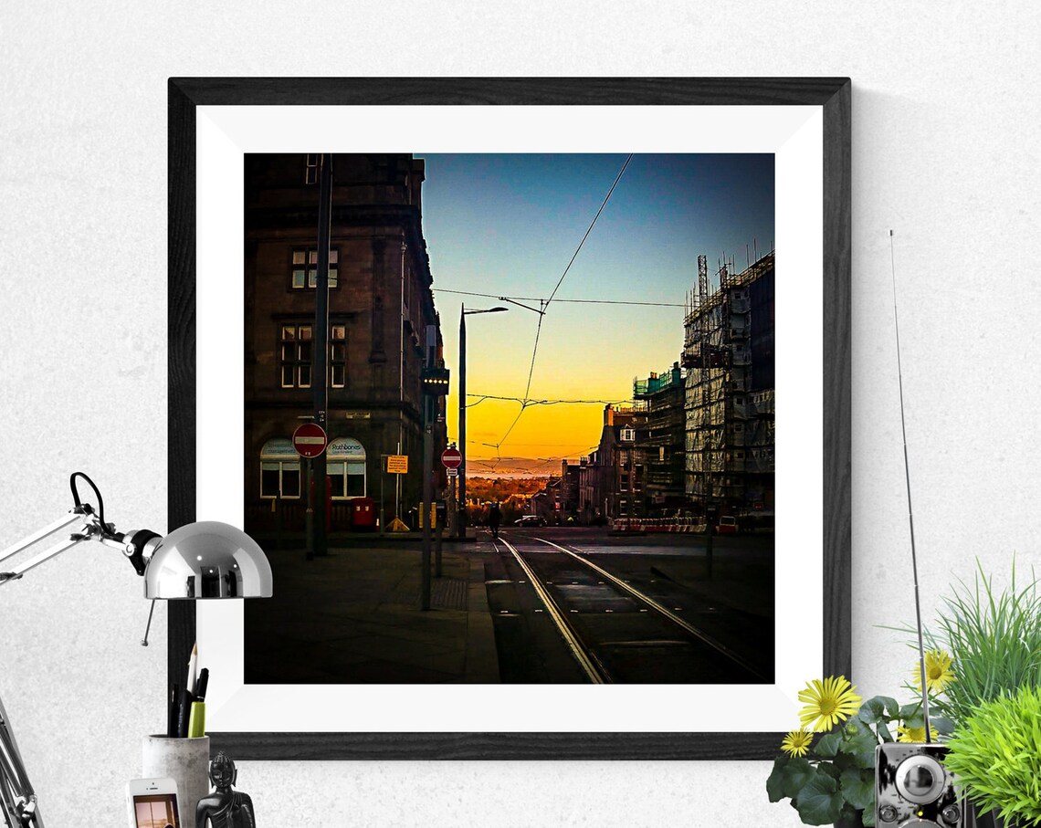 Golden Hour City Street Tram Tracks Urban Photography Poster