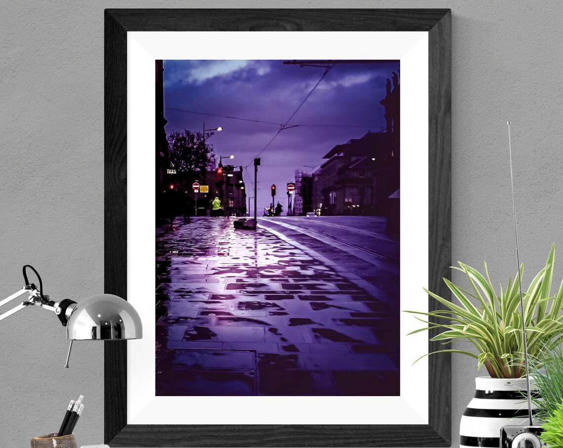 Rainy City Street At Dusk Purple Twilight Urban Photo Poster