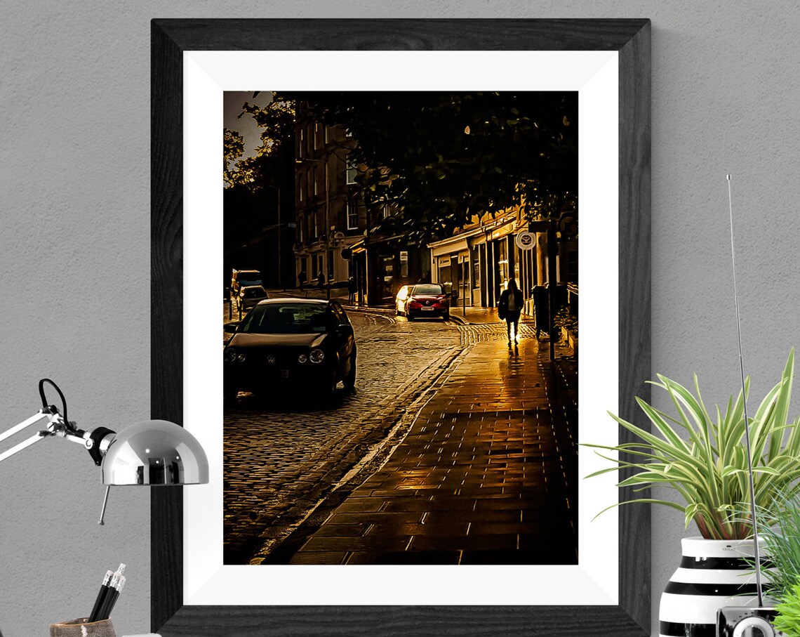 Rainy Cobblestone European Old Town Night Street Photography Poster