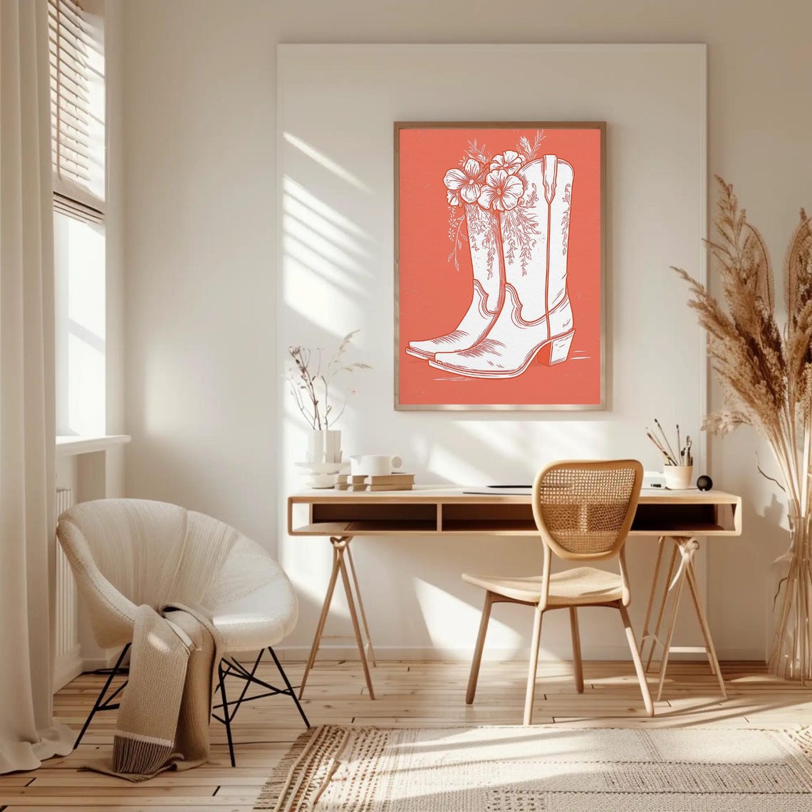 White Cowboy Boots with Floral Line Art on Coral Western Poster - Image 4