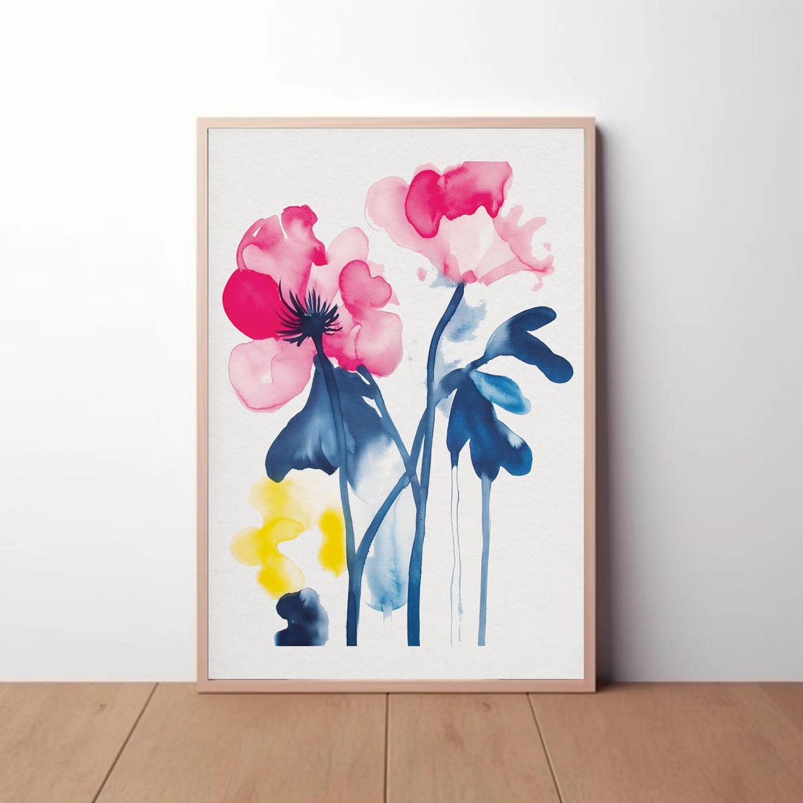 Pink Poppies Watercolor with Blue Stems Botanical Art Poster - Image 3