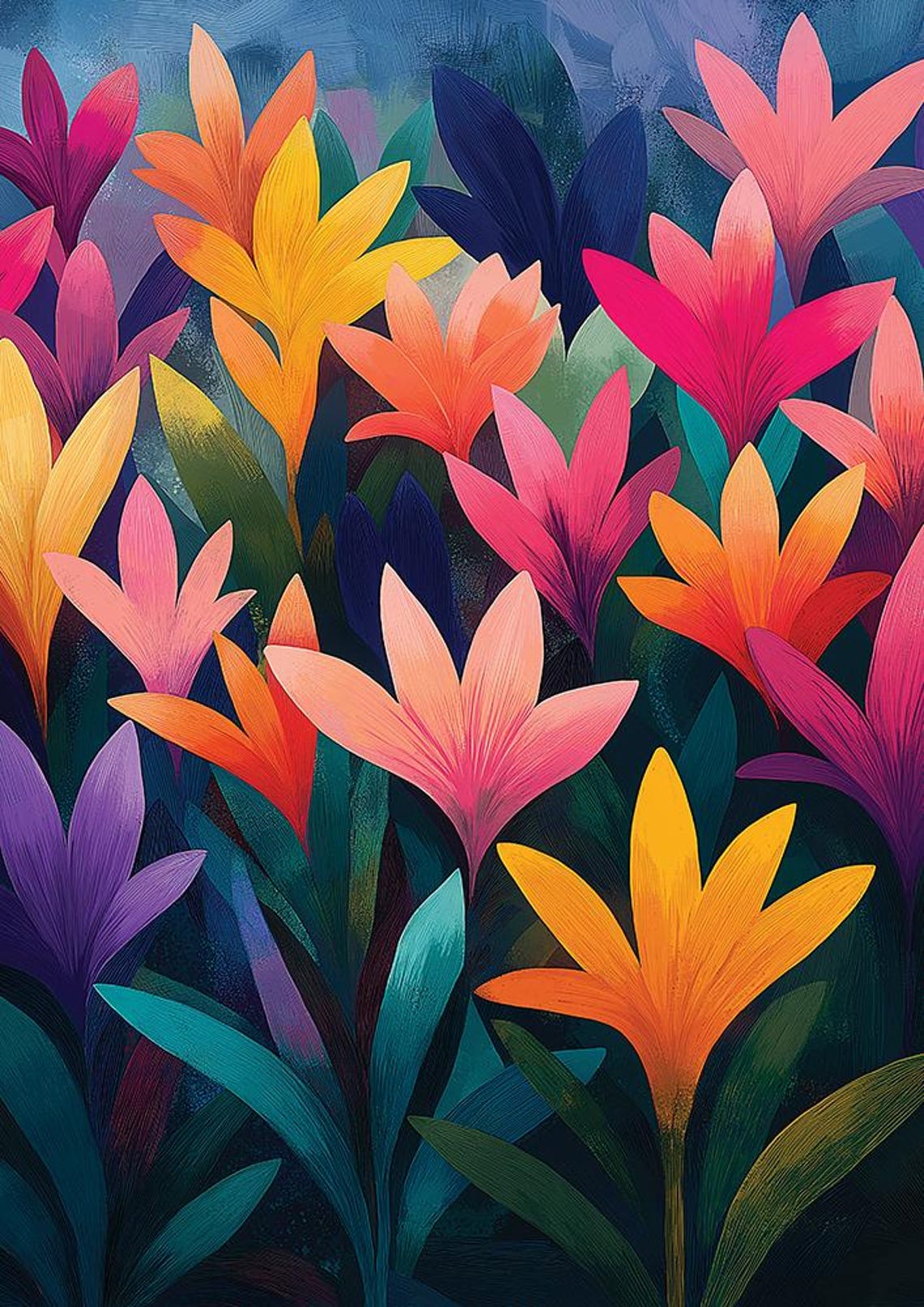 Bright Abstract Flowers Pink Orange Purple Teal Painting Poster - Image 3