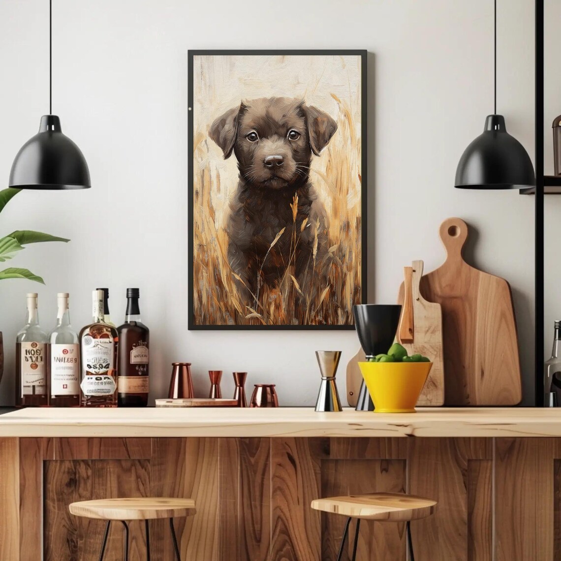 Black Puppy Sitting in a Golden Wheat Field Realistic Painting Poster - Image 2