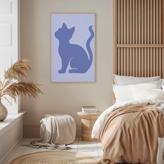 Periwinkle Blue Cat Silhouette Minimalist Animal Room Wall Art