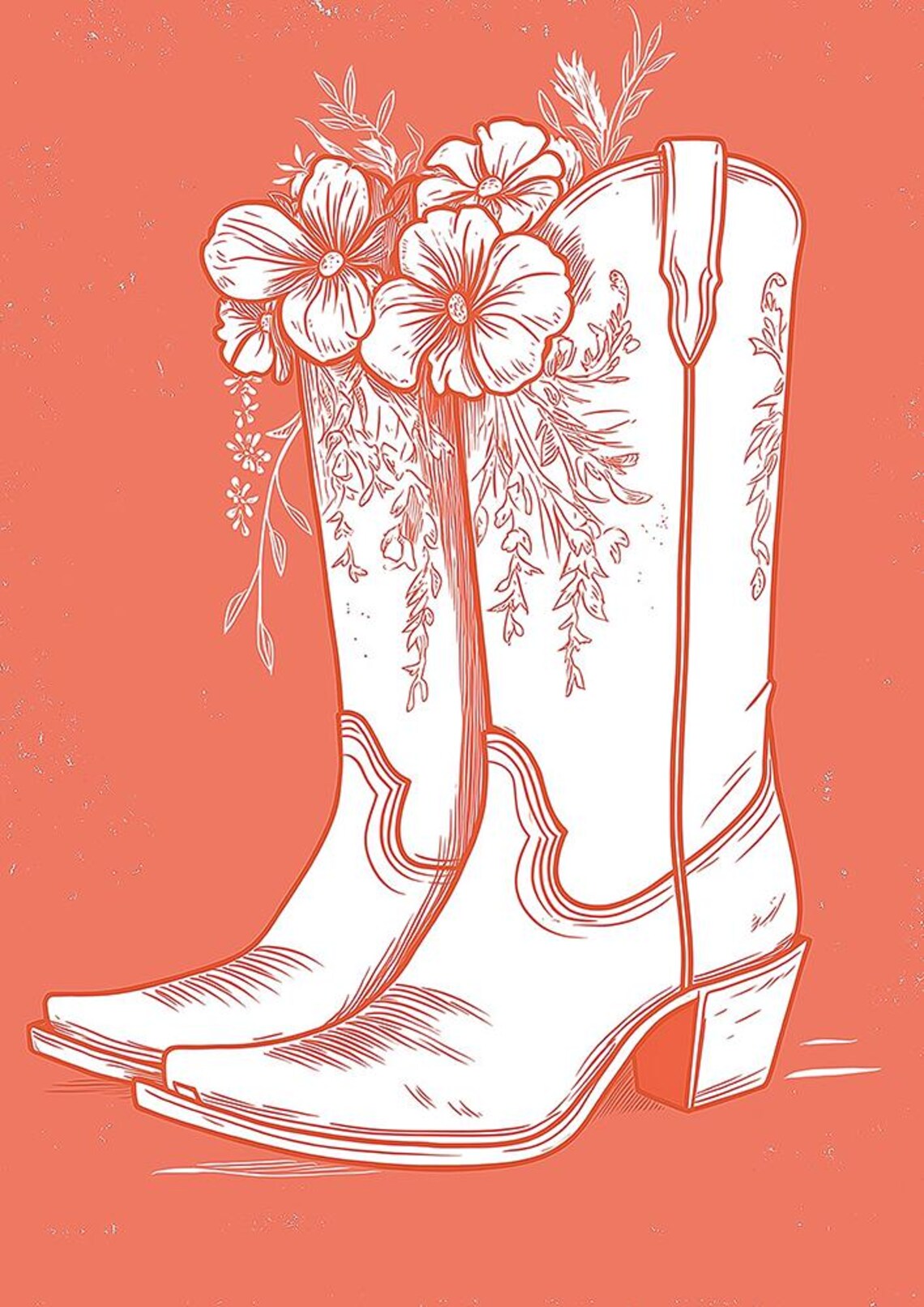 White Cowboy Boots with Floral Line Art on Coral Western Poster - Image 3