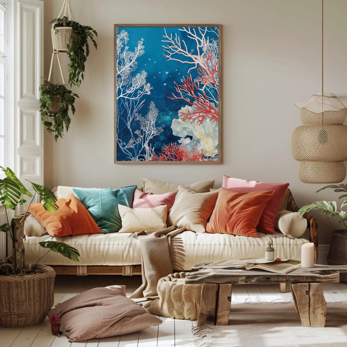 Coral Reef Painting Red White Corals in Deep Blue Sea Poster