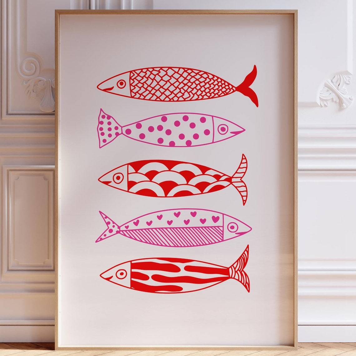 Patterned Red and Pink Sardine Fish Row Poster for Kitchen Decor