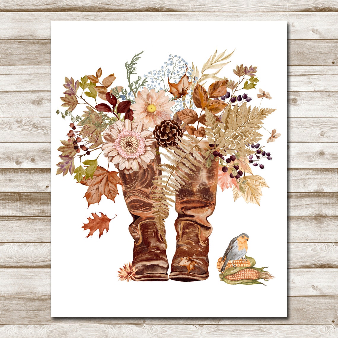 Rustic Fall Boots with Autumn Flowers Watercolor Country Wall Art - Image 4