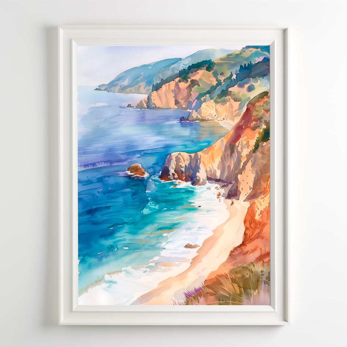 Big Sur Coastal Cliffs Turquoise Ocean Waves Watercolor Art Poster