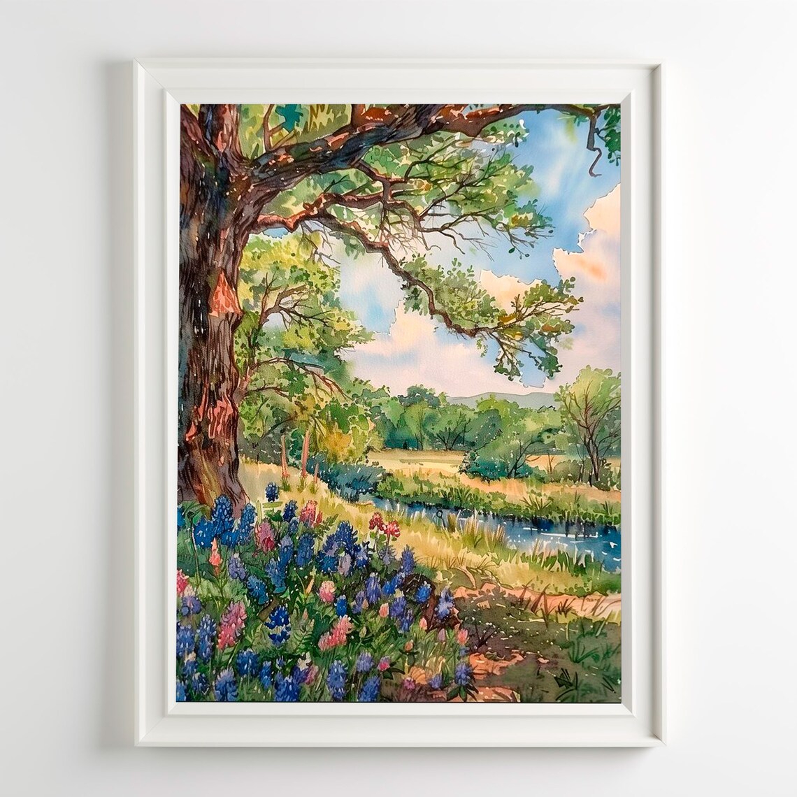 Texas Bluebonnet Watercolor Landscape Art Print