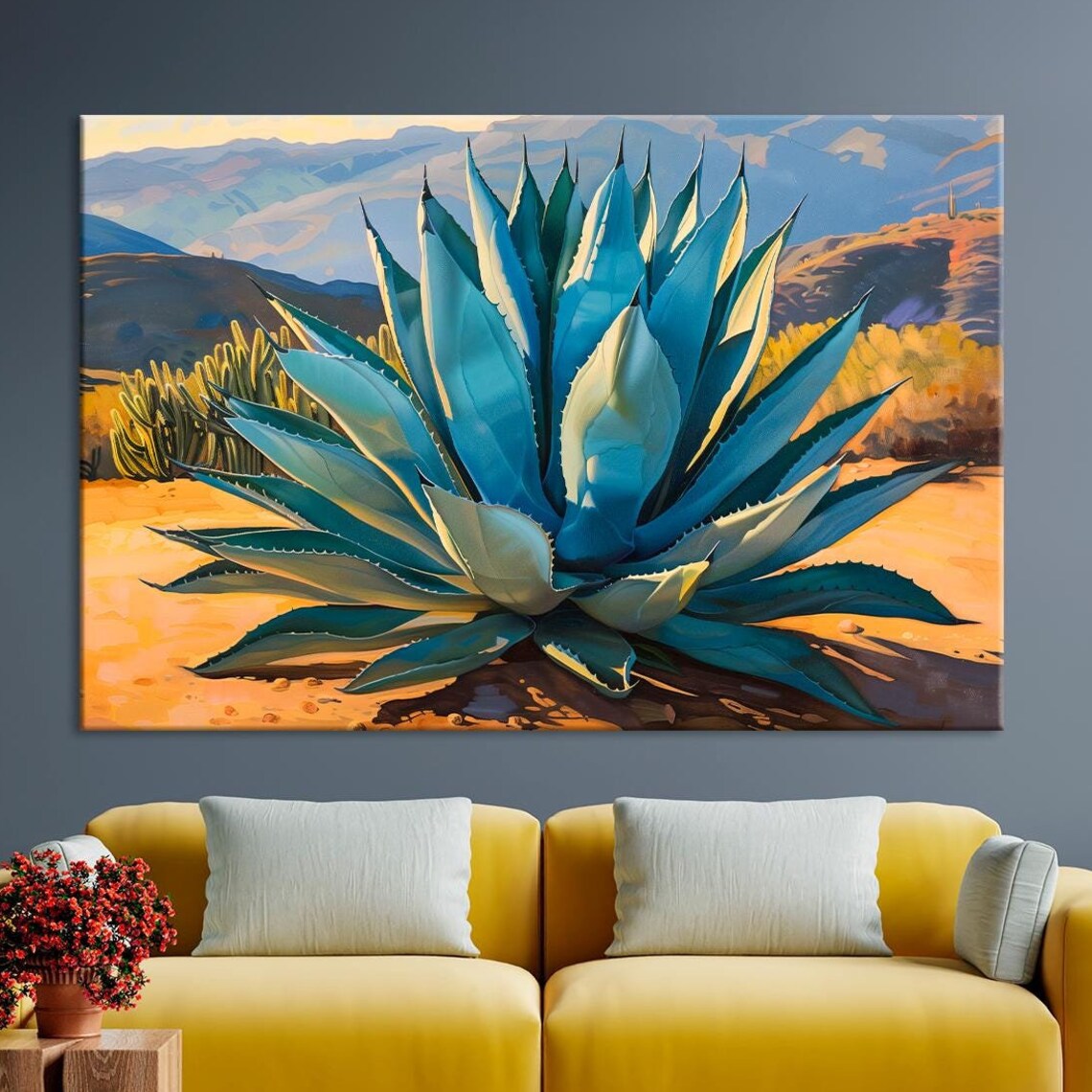 Blue Agave Plant Desert Landscape Golden Hour Mountain View Wall Art